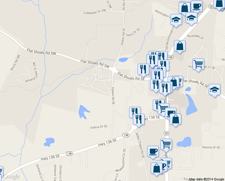 map of restaurants, bars, coffee shops, grocery stores, and more near 1875 Parker Road Southeast in Conyers