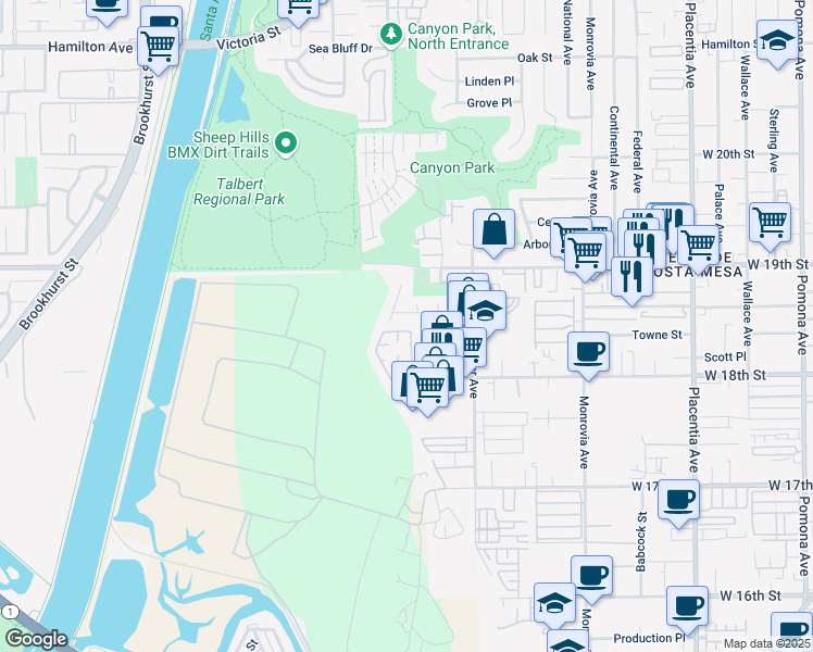 map of restaurants, bars, coffee shops, grocery stores, and more near 1868 Parkview Circle in Costa Mesa