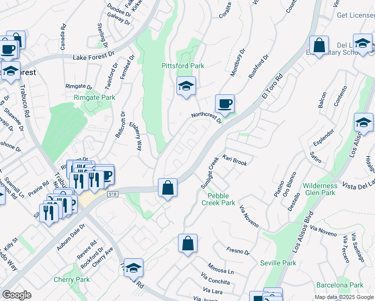 map of restaurants, bars, coffee shops, grocery stores, and more near 22276 Summit Hill Drive in Lake Forest