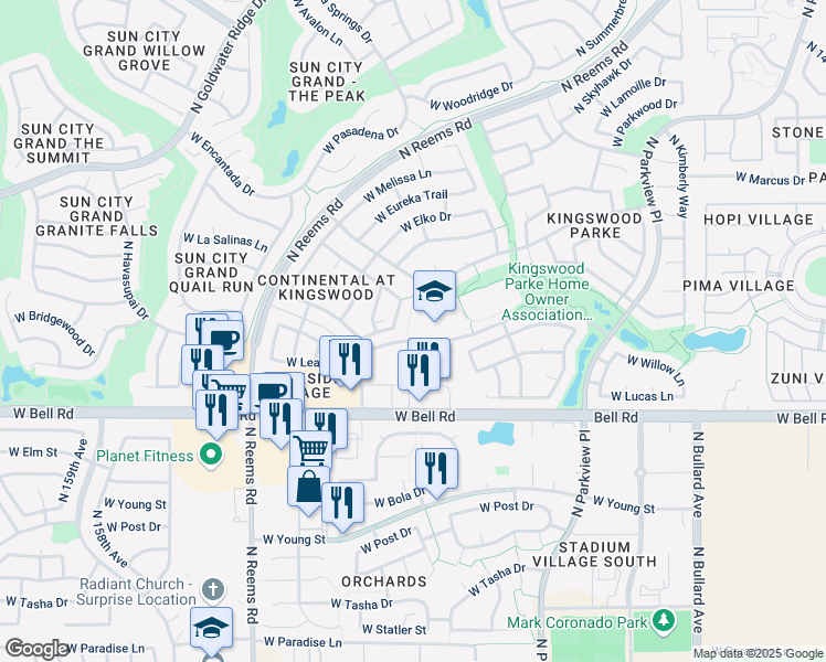 map of restaurants, bars, coffee shops, grocery stores, and more near 15150 West Mondell Road in Surprise