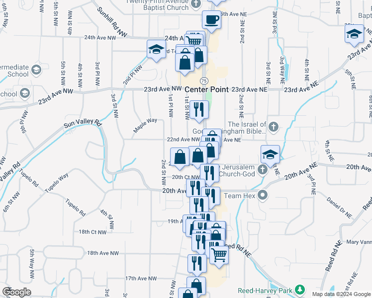 map of restaurants, bars, coffee shops, grocery stores, and more near 16 21st Court Northwest in Center Point