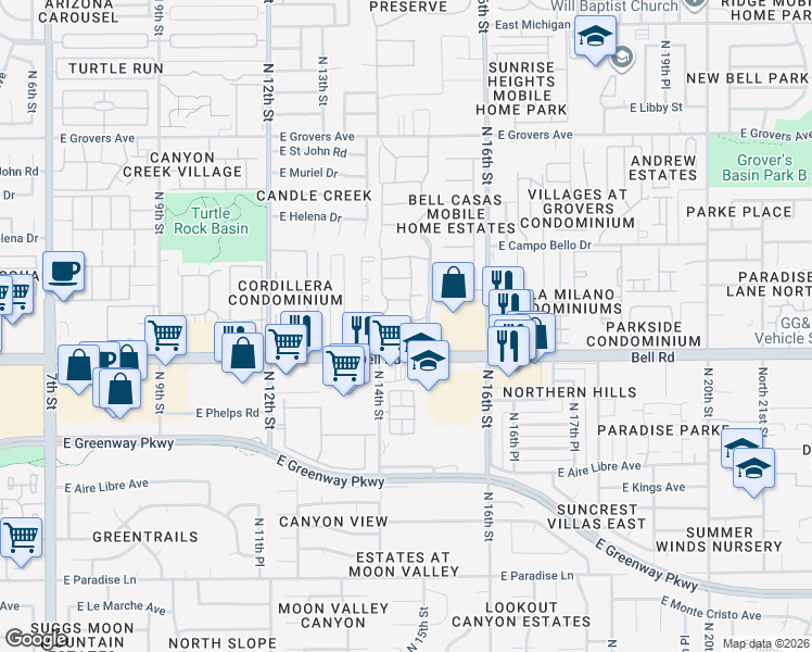 map of restaurants, bars, coffee shops, grocery stores, and more near 1460 East Bell Road in Phoenix