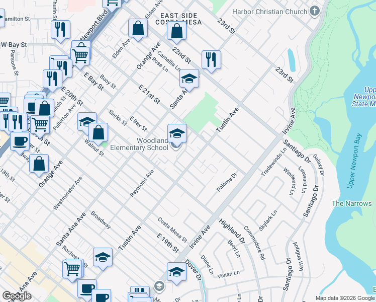 map of restaurants, bars, coffee shops, grocery stores, and more near 2025 Garden Lane in Costa Mesa