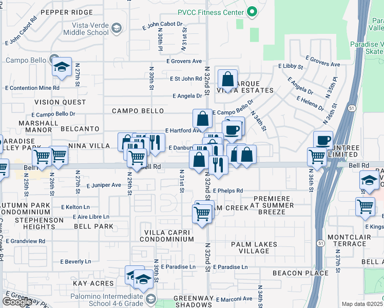 map of restaurants, bars, coffee shops, grocery stores, and more near 3112 East Danbury Road in Phoenix