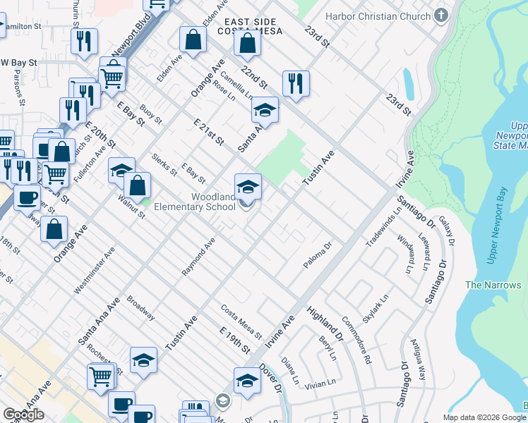 map of restaurants, bars, coffee shops, grocery stores, and more near 2025 Garden Lane in Costa Mesa