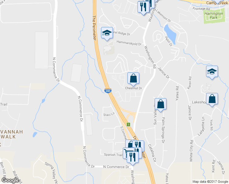 map of restaurants, bars, coffee shops, grocery stores, and more near 4111 Stone Trace Drive in East Point