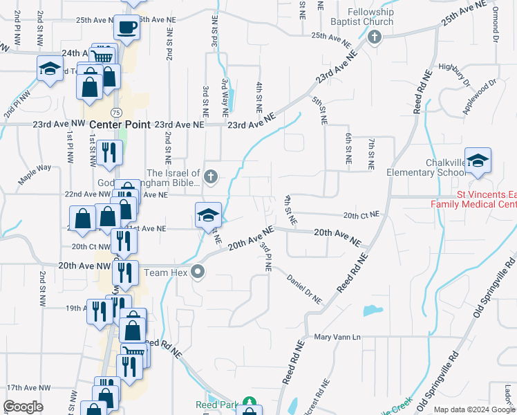 map of restaurants, bars, coffee shops, grocery stores, and more near 404 22nd Avenue Northeast in Center Point