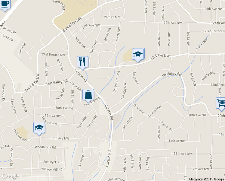 map of restaurants, bars, coffee shops, grocery stores, and more near 2200 5th Way Circle Northwest in Center Point