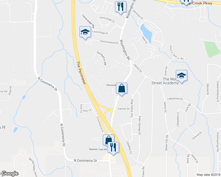 map of restaurants, bars, coffee shops, grocery stores, and more near 4275 High Park Lane in East Point