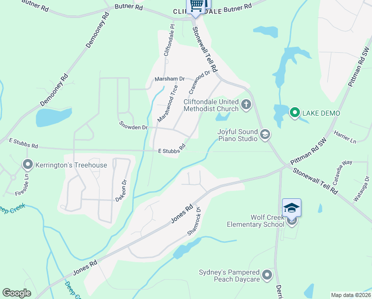 map of restaurants, bars, coffee shops, grocery stores, and more near 6465 East Stubbs Road in Atlanta