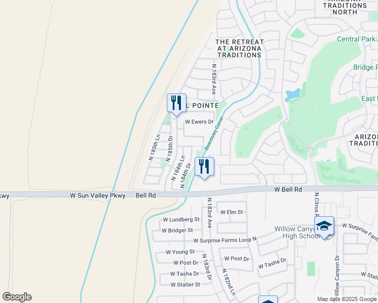 map of restaurants, bars, coffee shops, grocery stores, and more near 18426 West Dawn Drive in Surprise