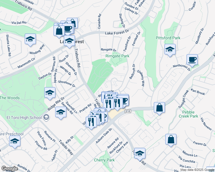 map of restaurants, bars, coffee shops, grocery stores, and more near 25671 Le Parc in Lake Forest