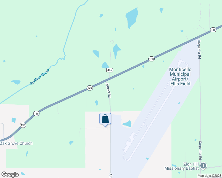 map of restaurants, bars, coffee shops, grocery stores, and more near 552 Airport Road in Monticello