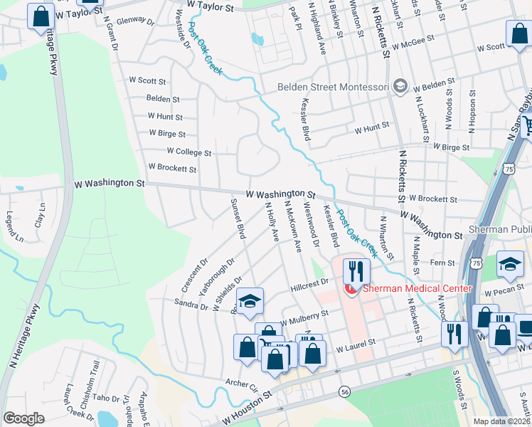 map of restaurants, bars, coffee shops, grocery stores, and more near 735 North Holly Avenue in Sherman