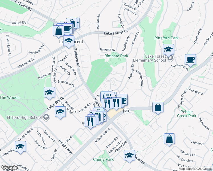 map of restaurants, bars, coffee shops, grocery stores, and more near 25671 Le Parc in Lake Forest
