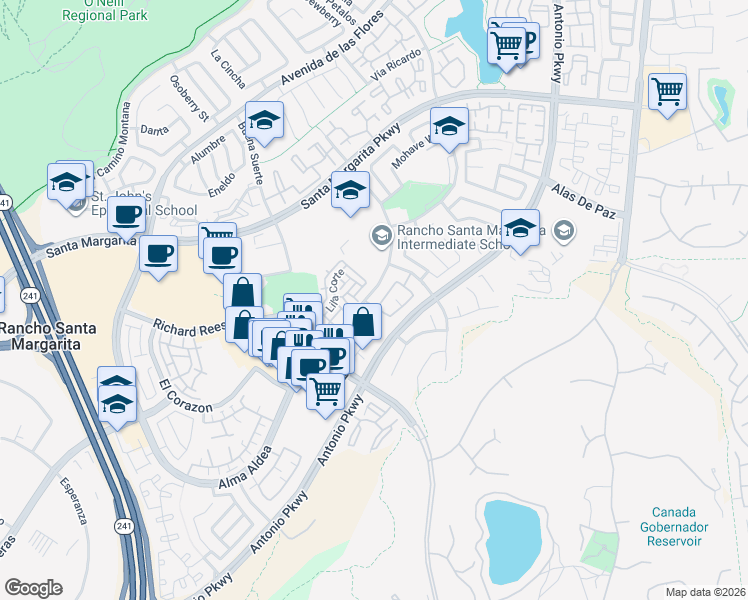 map of restaurants, bars, coffee shops, grocery stores, and more near 71 Vía Meseta in Rancho Santa Margarita
