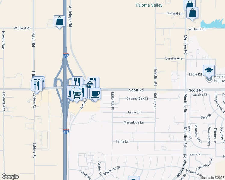 map of restaurants, bars, coffee shops, grocery stores, and more near Scott Road in Menifee