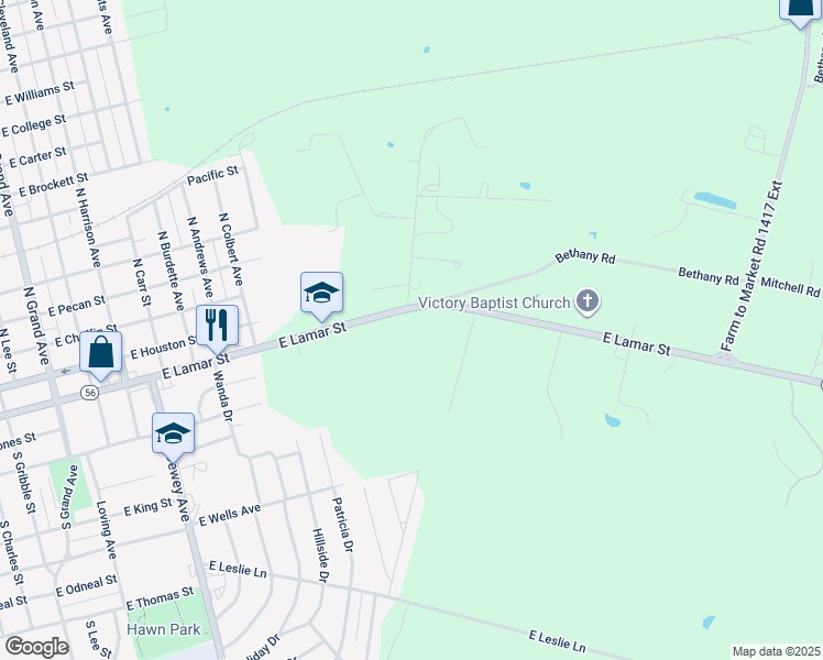 map of restaurants, bars, coffee shops, grocery stores, and more near 2238 East Lamar Street in Sherman