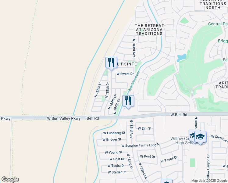 map of restaurants, bars, coffee shops, grocery stores, and more near 17262 North 184th Lane in Surprise