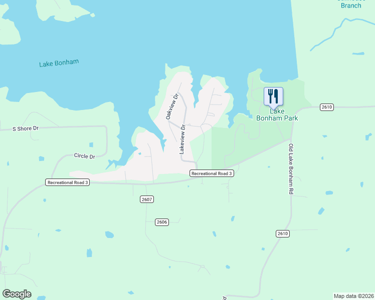 map of restaurants, bars, coffee shops, grocery stores, and more near 6915 Lakeview Drive in Bonham