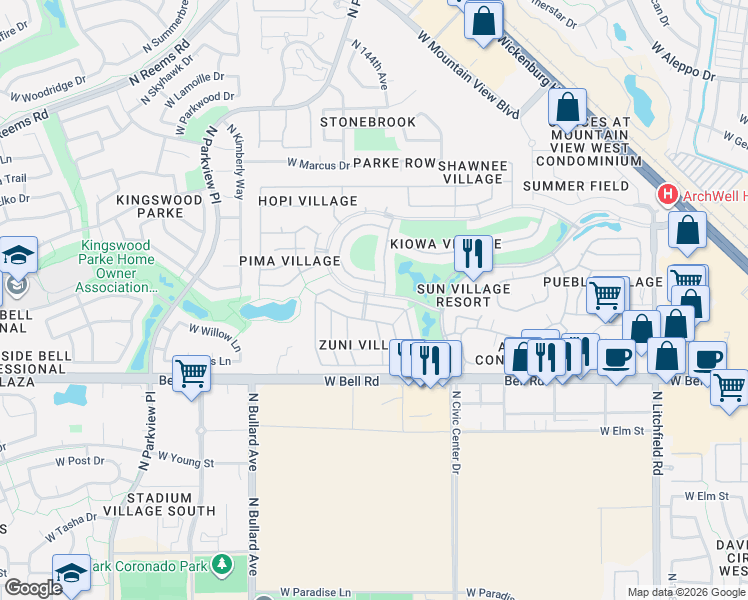 map of restaurants, bars, coffee shops, grocery stores, and more near 17365 North Lonesome Dove Trail in Surprise