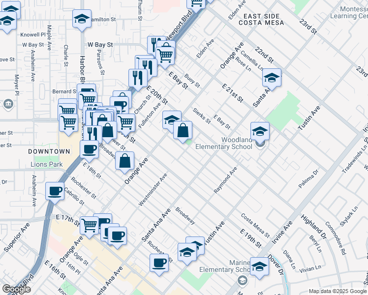 map of restaurants, bars, coffee shops, grocery stores, and more near 244 Walnut Street in Costa Mesa