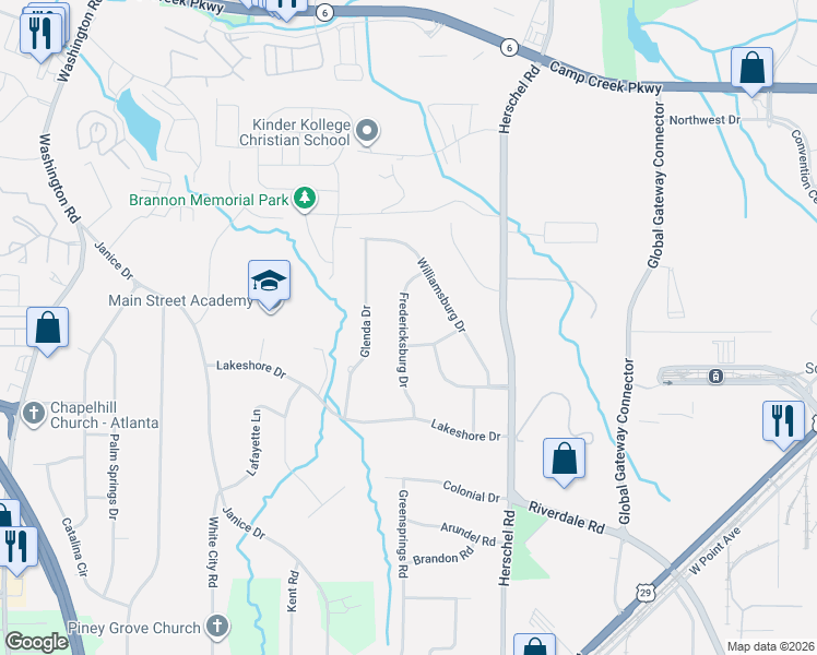 map of restaurants, bars, coffee shops, grocery stores, and more near 4163 Fredericksburg Drive in College Park