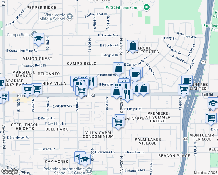 map of restaurants, bars, coffee shops, grocery stores, and more near 3420 East Bell Road in Phoenix