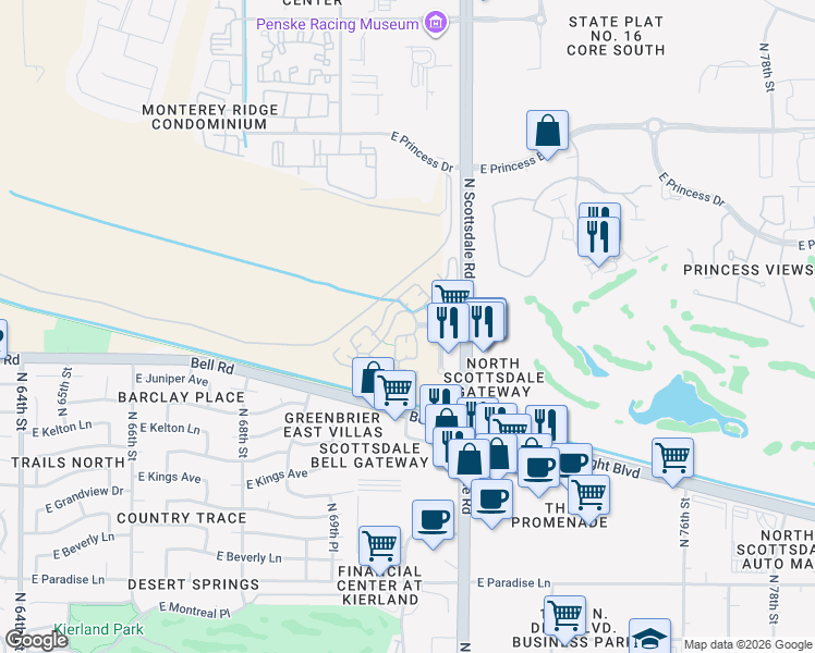 map of restaurants, bars, coffee shops, grocery stores, and more near 17212 North Scottsdale Road in Scottsdale