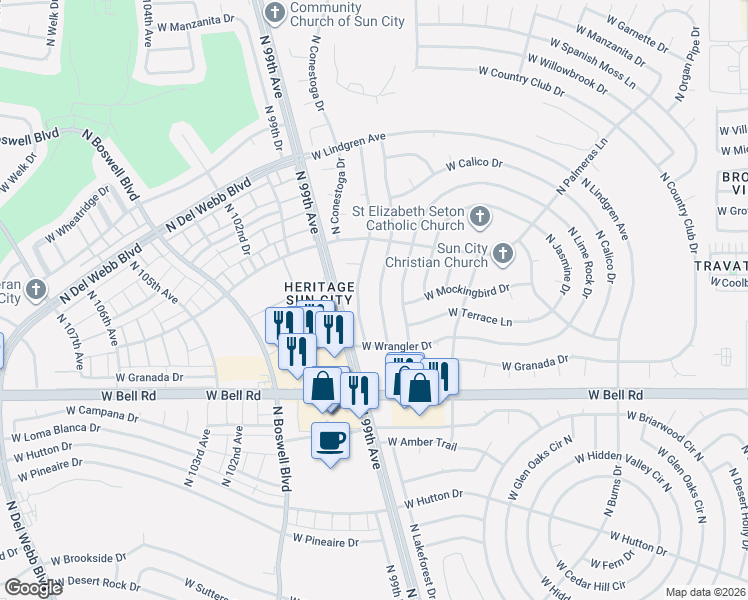 map of restaurants, bars, coffee shops, grocery stores, and more near 17410 North Palo Verde Drive in Sun City
