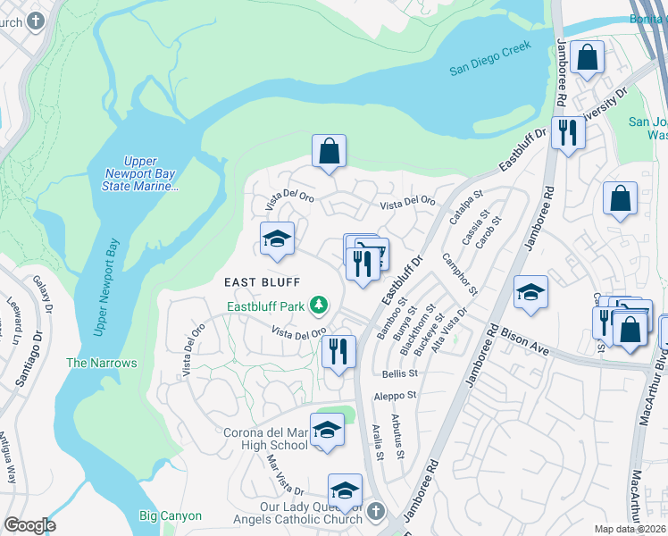 map of restaurants, bars, coffee shops, grocery stores, and more near 1965 Vista Del Oro in Newport Beach