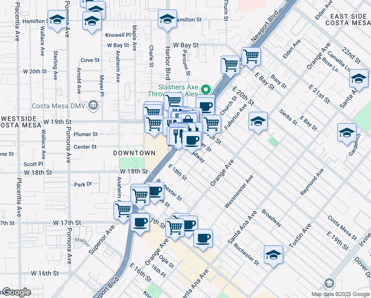 map of restaurants, bars, coffee shops, grocery stores, and more near 100 Broadway in Costa Mesa