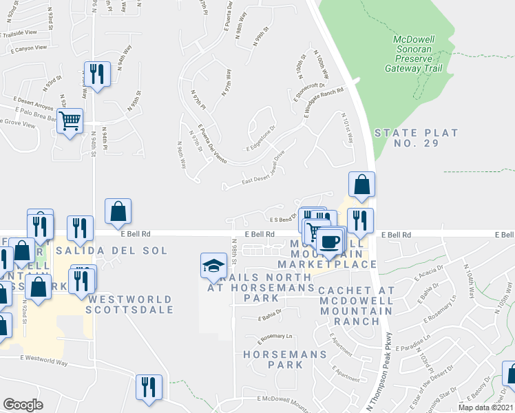 map of restaurants, bars, coffee shops, grocery stores, and more near 9866 East South Bend Drive in Scottsdale