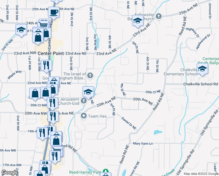 map of restaurants, bars, coffee shops, grocery stores, and more near 404 22nd Avenue Northeast in Center Point