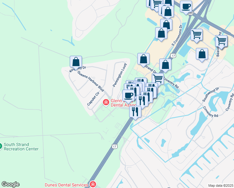 map of restaurants, bars, coffee shops, grocery stores, and more near 125 Ella Kinley Circle in Myrtle Beach