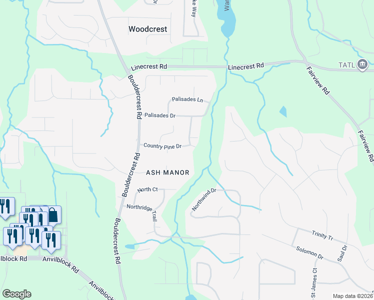 map of restaurants, bars, coffee shops, grocery stores, and more near 1236 Country Pine Drive in Ellenwood