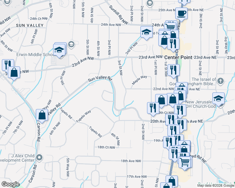 map of restaurants, bars, coffee shops, grocery stores, and more near 338 Sun Valley Circle in Center Point