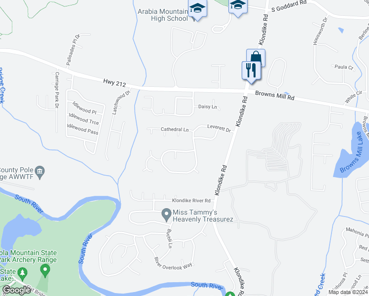 map of restaurants, bars, coffee shops, grocery stores, and more near 6100 Leverett Drive in Lithonia