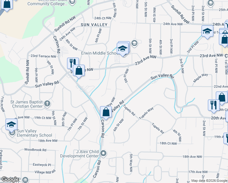 map of restaurants, bars, coffee shops, grocery stores, and more near 2122 5th Way Northwest in Center Point