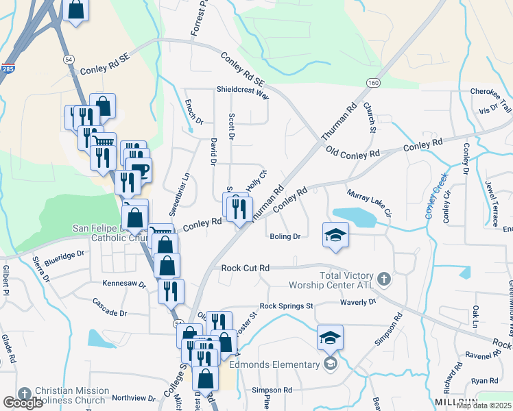 map of restaurants, bars, coffee shops, grocery stores, and more near 4131 Thurman Road in Conley