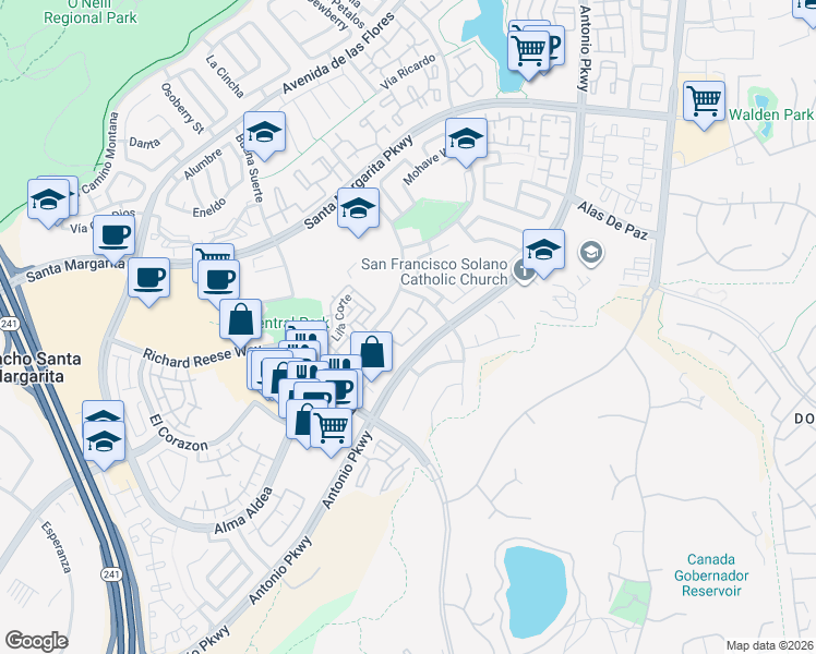 map of restaurants, bars, coffee shops, grocery stores, and more near 42 Vía Prado in Rancho Santa Margarita