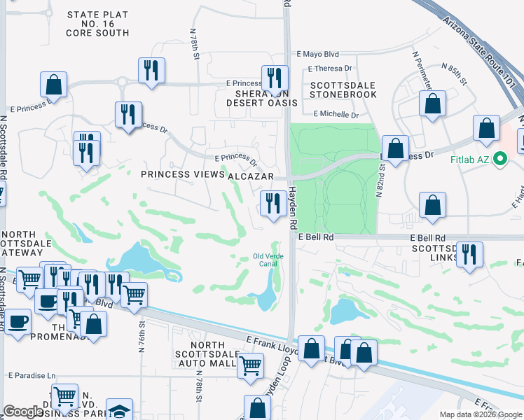 map of restaurants, bars, coffee shops, grocery stores, and more near 17210 North 79th Street in Scottsdale