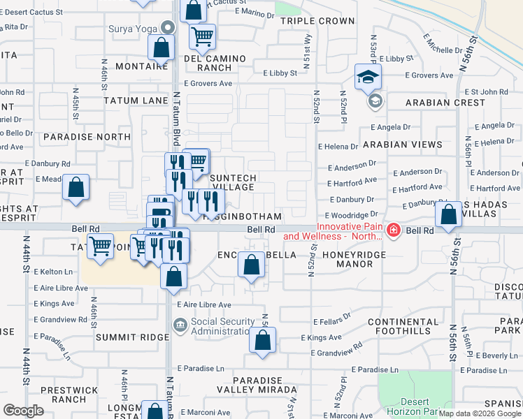 map of restaurants, bars, coffee shops, grocery stores, and more near 50th Place in Scottsdale