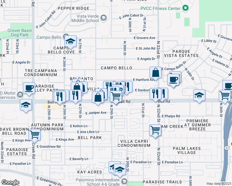 map of restaurants, bars, coffee shops, grocery stores, and more near 2906 East Danbury Road in Phoenix
