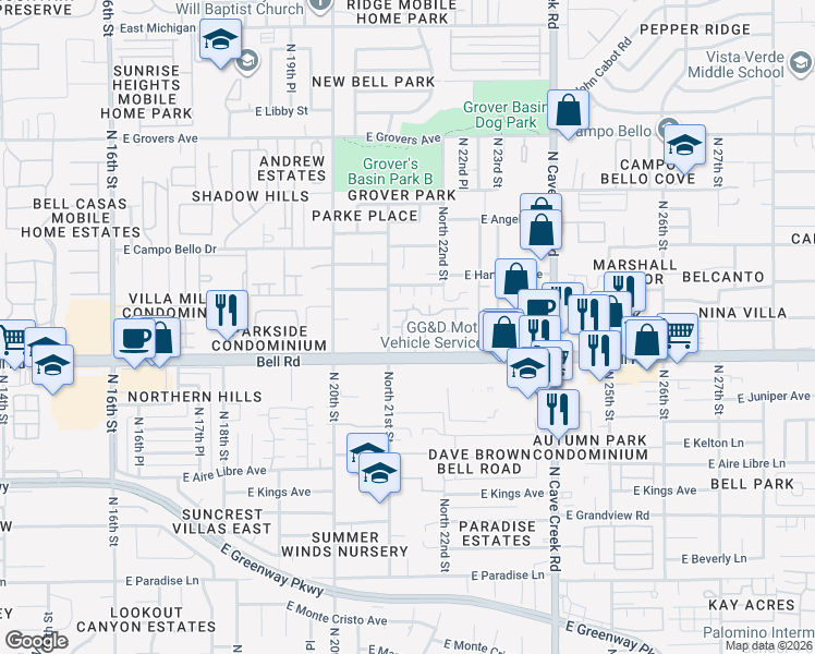 map of restaurants, bars, coffee shops, grocery stores, and more near 2150 East Bell Road in Phoenix