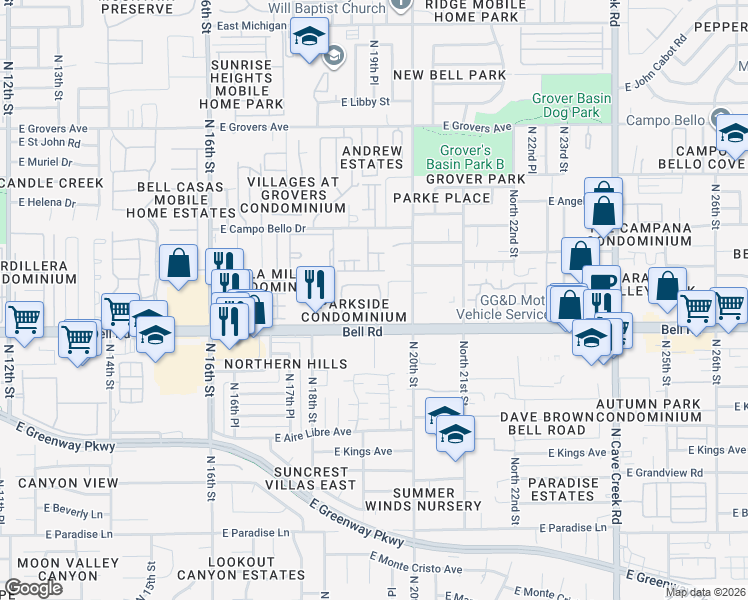 map of restaurants, bars, coffee shops, grocery stores, and more near 1920 East Bell Road in Phoenix