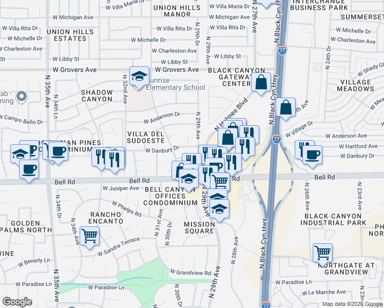 map of restaurants, bars, coffee shops, grocery stores, and more near 17218 North 29th Avenue in Phoenix