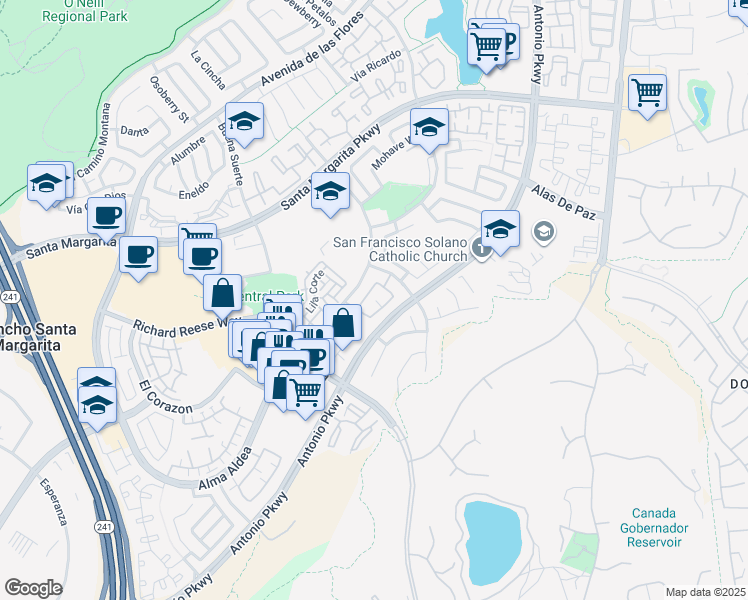 map of restaurants, bars, coffee shops, grocery stores, and more near 13 Vía Meseta in Rancho Santa Margarita