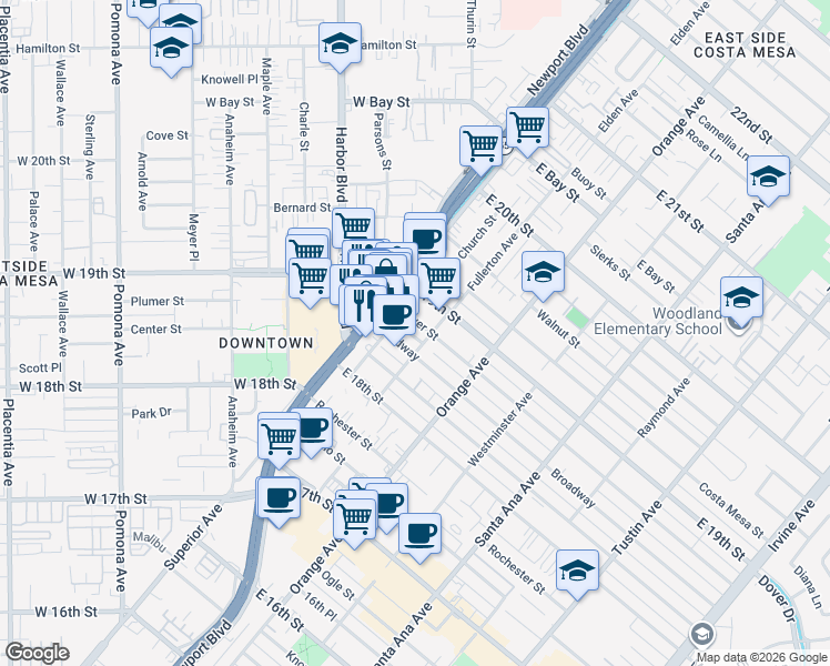 map of restaurants, bars, coffee shops, grocery stores, and more near 119 Flower Street in Costa Mesa