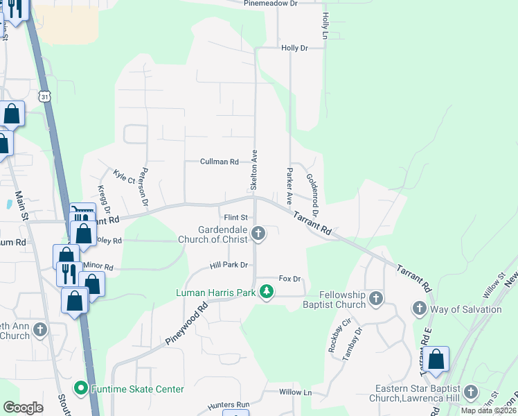 map of restaurants, bars, coffee shops, grocery stores, and more near 489 Tarrant Road in Gardendale